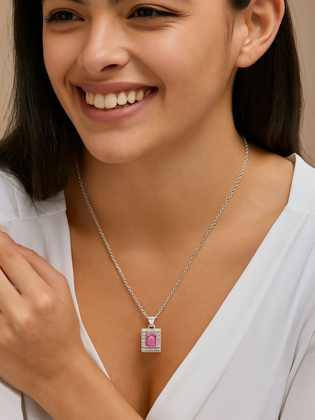 DressBerry Women Silver Toned Necklace with Pink Gemstone Pendant