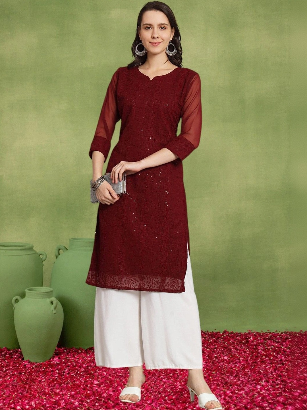 HERE&NOW Ethnic Motifs Embroidered V-Neck Sequinned Pure Georgette Sequinned Kurti