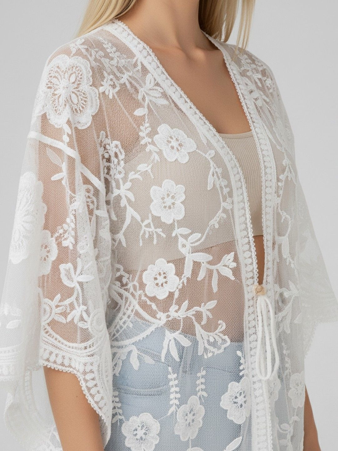 DressBerry Floral Embroidered Kimono Sleeve Kaftan Top