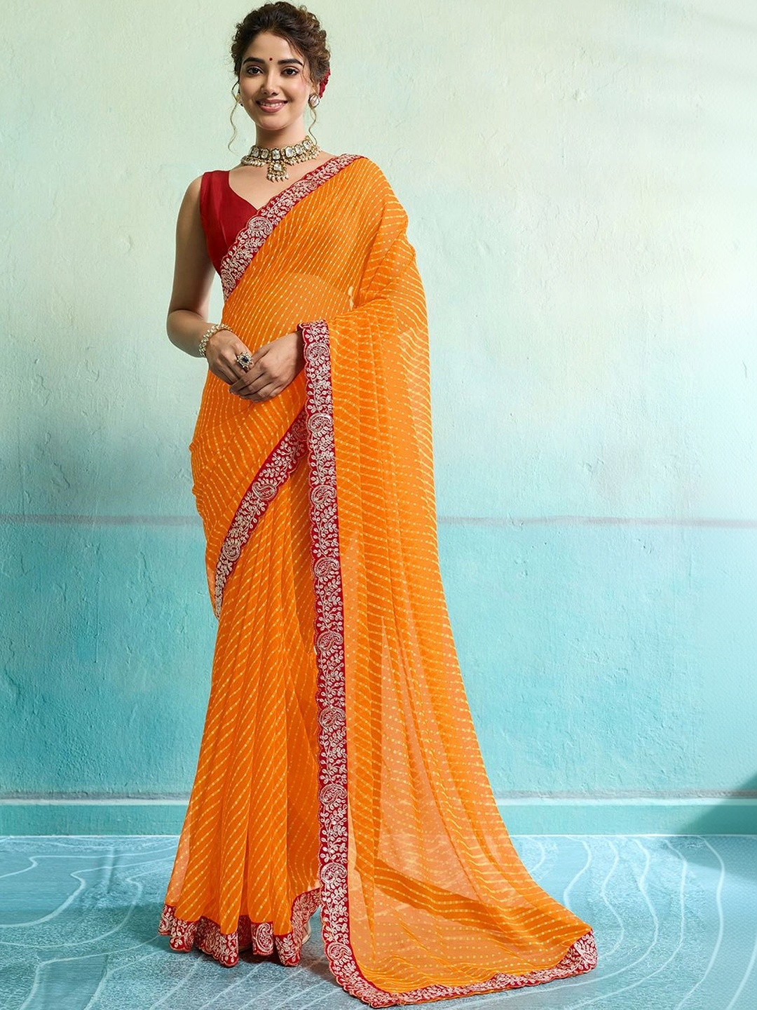 KCPC BANDHANI Leheriya Embroidered Pure Chiffon Saree with Unstitched Blouse Piece