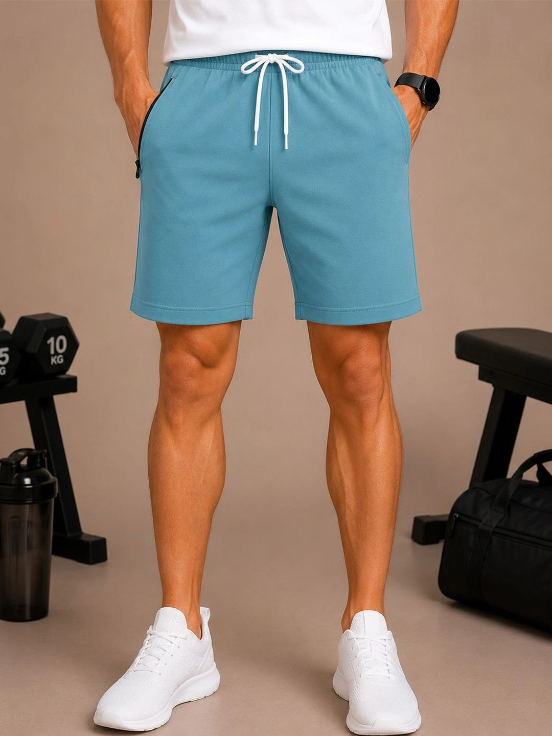 RETWE Men Regular Fit Zipper Pocket Sports Running Shorts