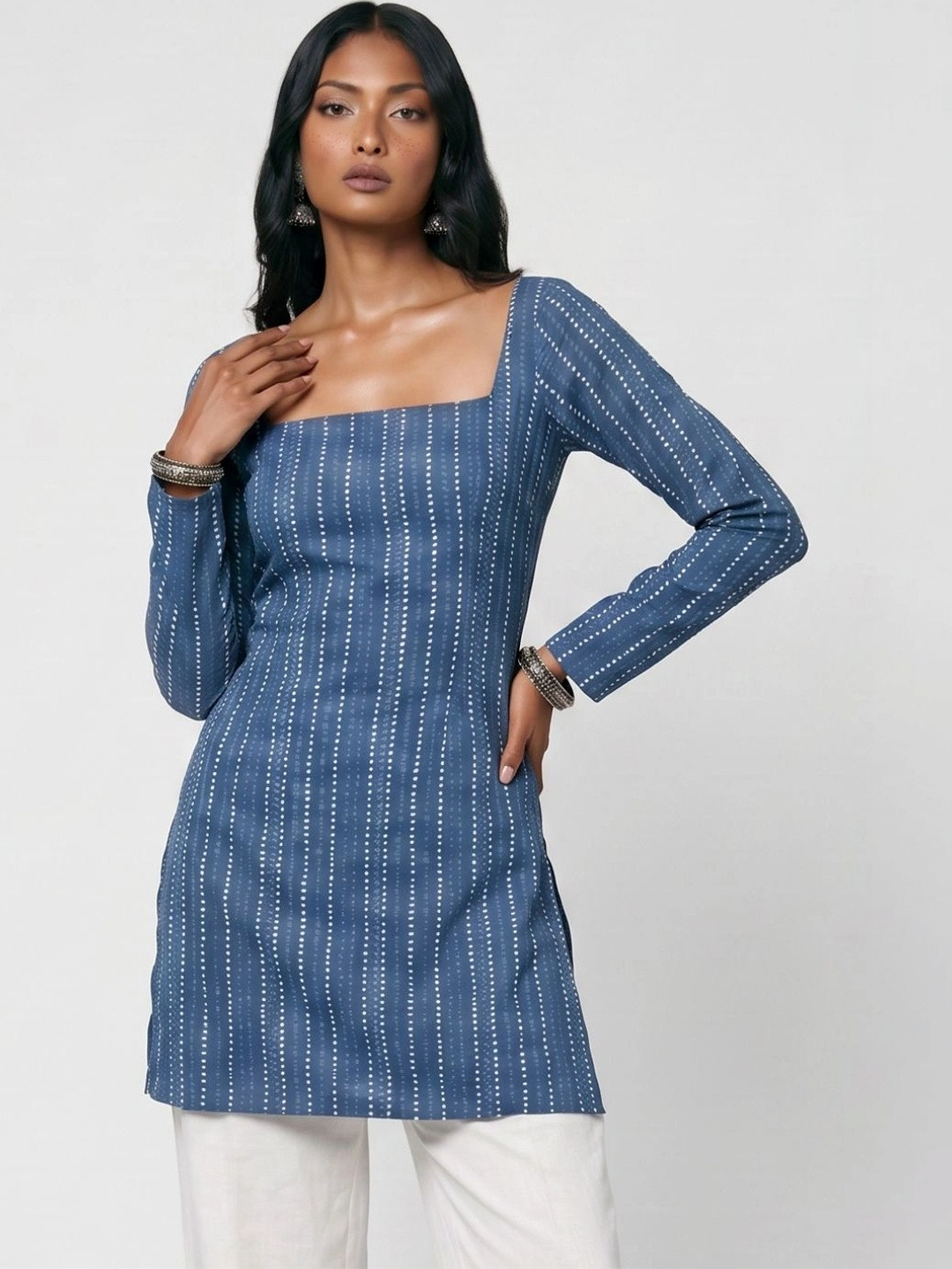 NISHORAMA Ethnic Motifs Printed Square Neck Pure Cotton Kurti