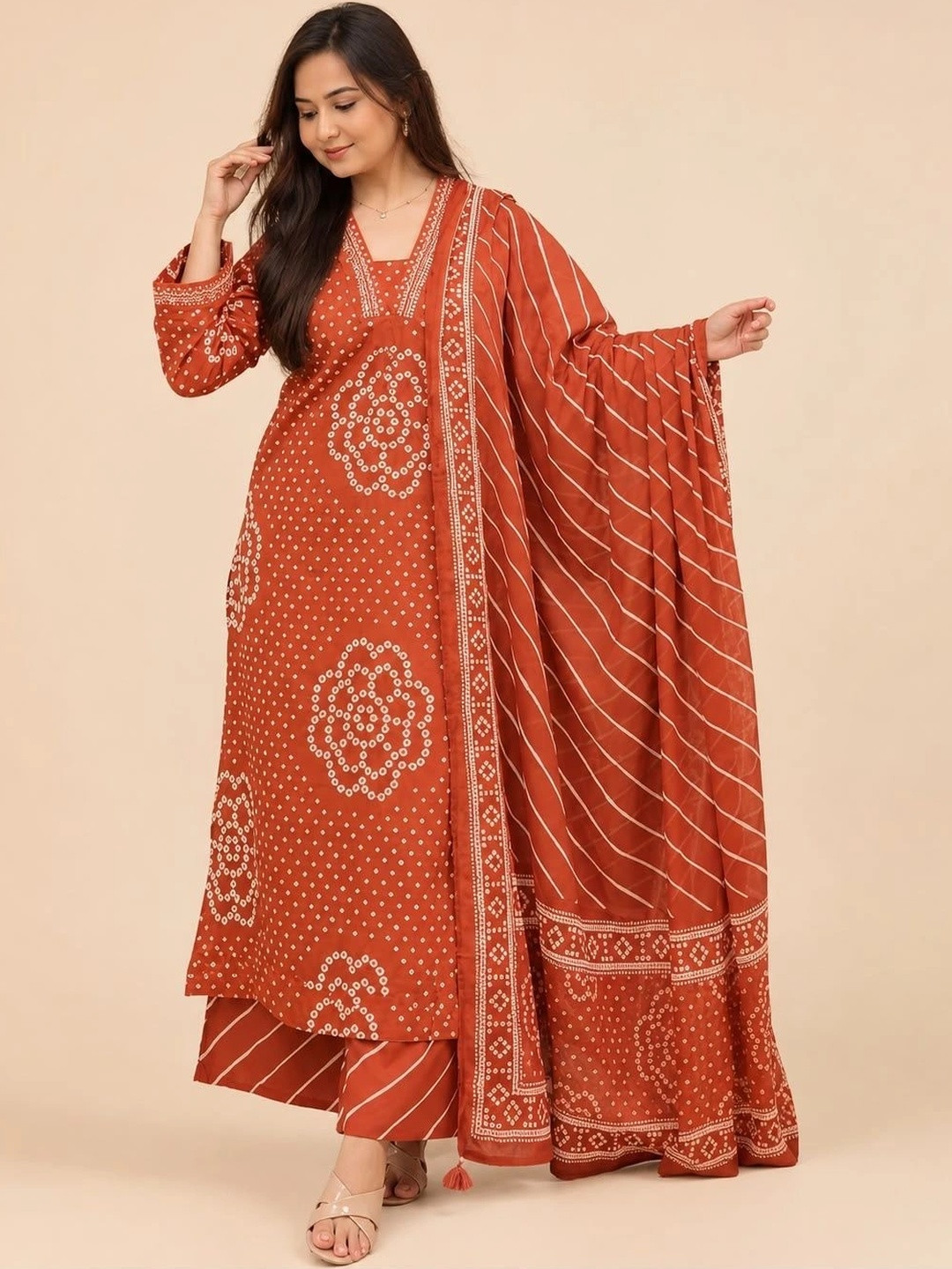 Anaya and Shanaya garments Leheriya Printed Regular Kurta with Palazzos & With Dupatta
