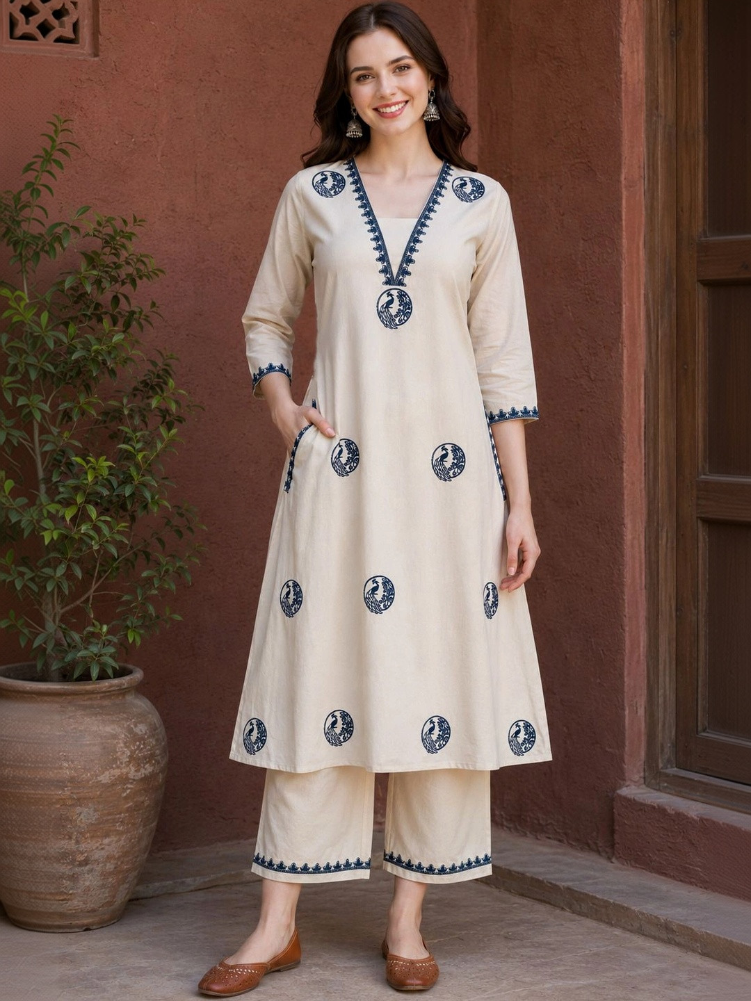 EVANORA Women Ethnic Motifs Embroidered Regular Thread Work Pure Cotton Kurta with Trousers