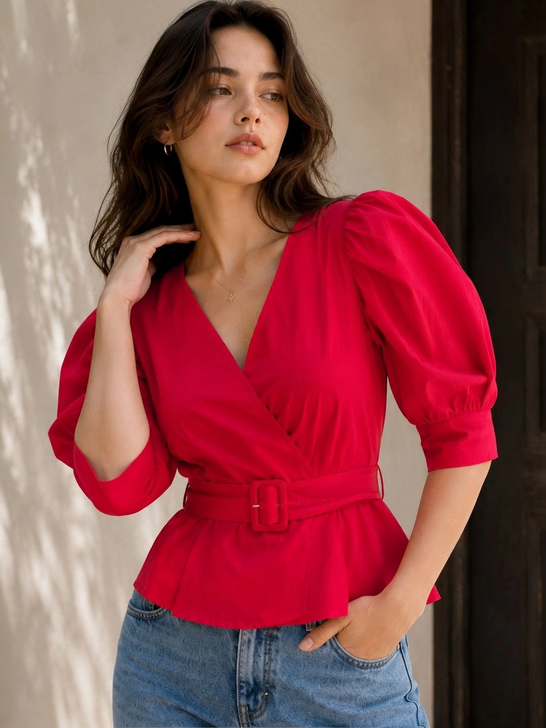 Fuchsia Red Solid Puff Sleeve V-Neck Cotton Top
