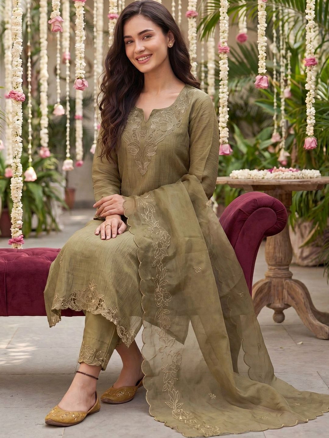 Indo Era Women Ethnic Motifs Embroidered Regular Thread Work Kurta with Trousers & With Dupatta