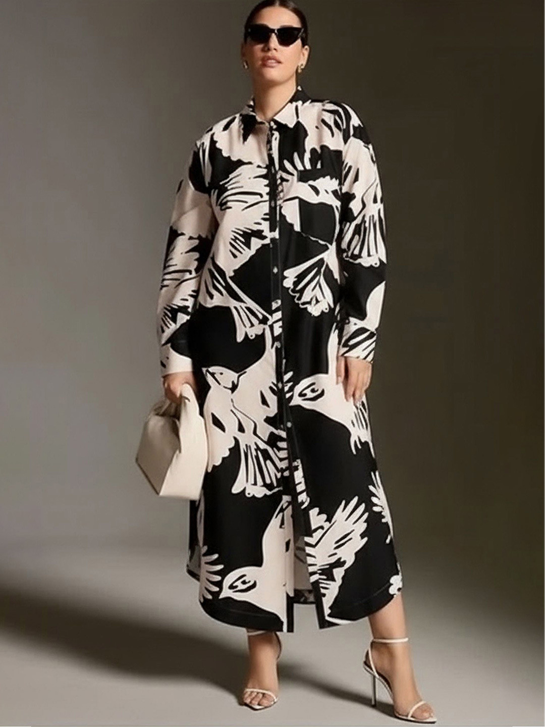 DressBerry Women Graphic Printed Monochrome Cuffed Sleeves Shirt Midi Dress