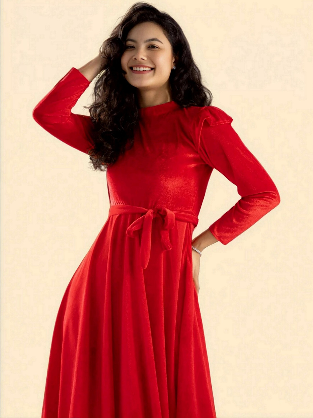 DressBerry Ruffled Velvet A-Line Midi Dress