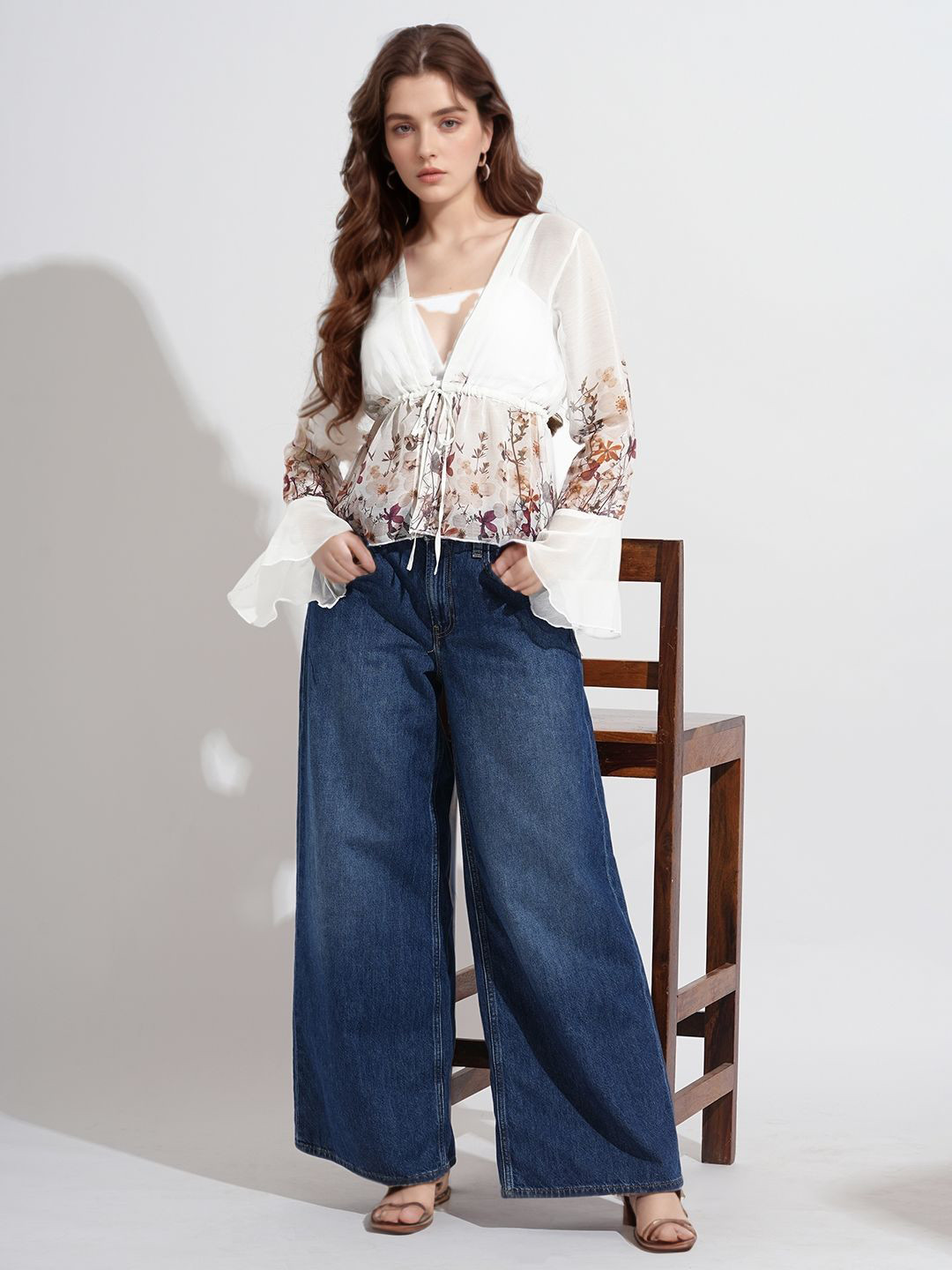 DressBerry Floral Print Bell Sleeve Semi Sheer Peplum Top