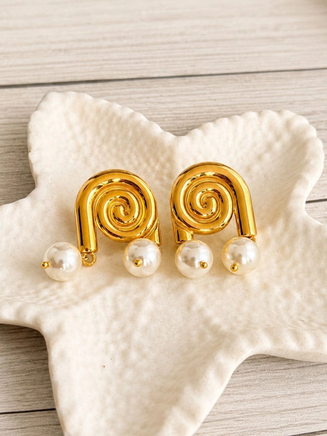 DIVING SWAN Women 18K Thick Gold Plated Eira Swirl Double Drop Earrings