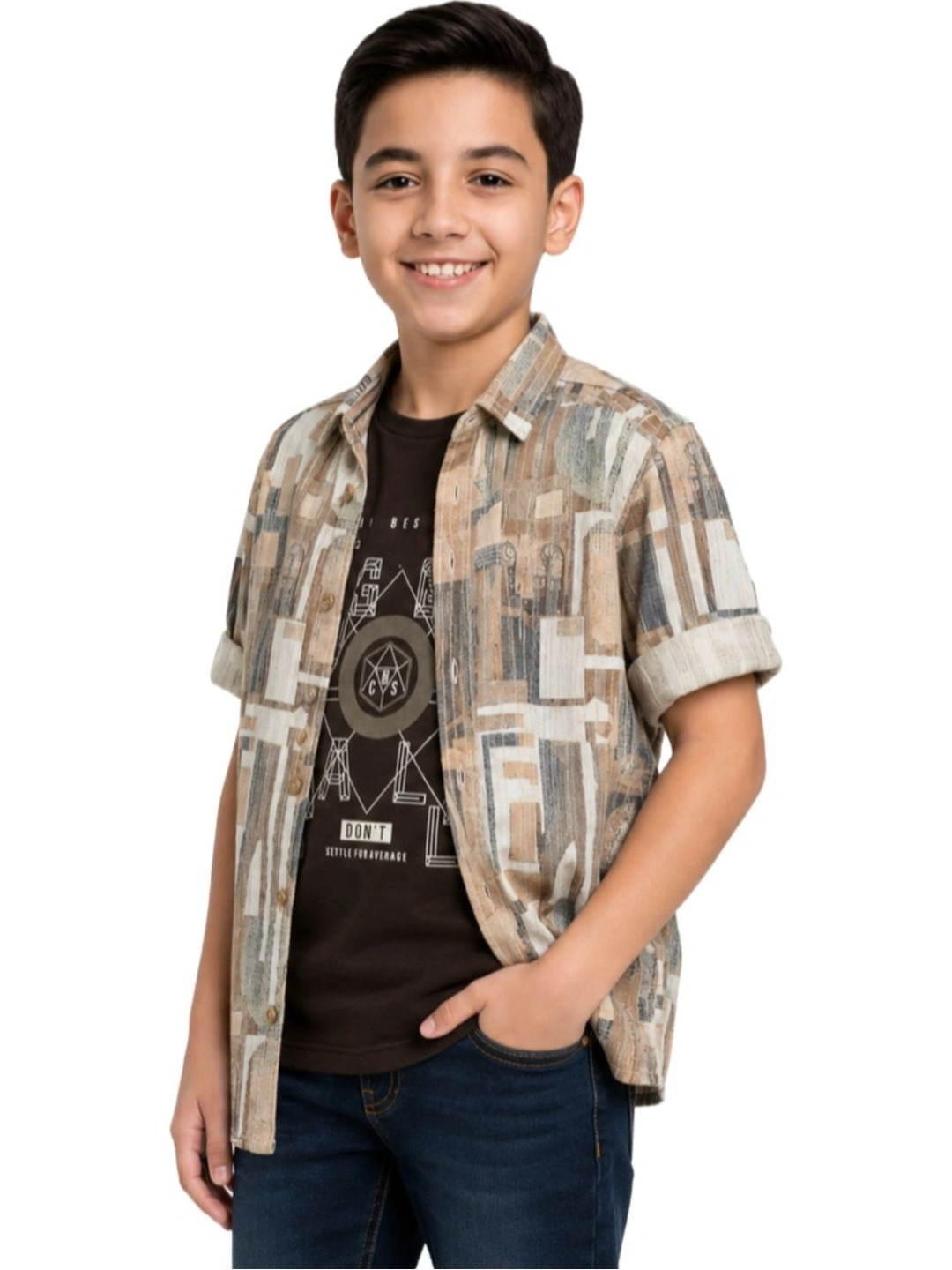CAVIO Boys Spread Collar Abstract Printed Cotton Casual Shirts & T-Shirt