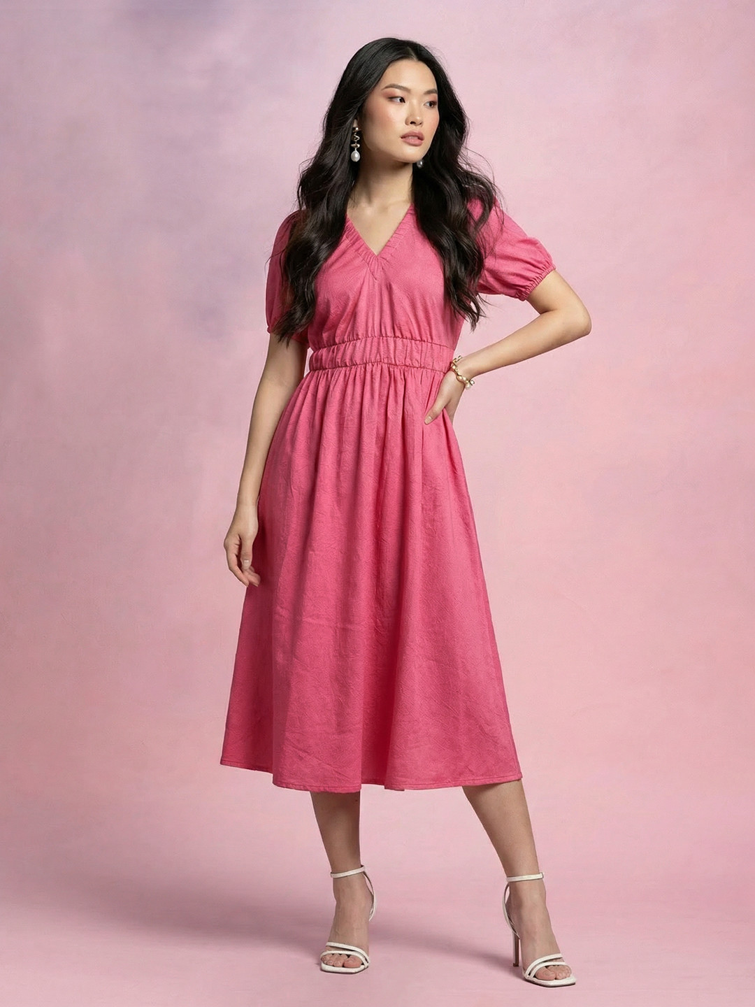DressBerry Puff Sleeves A-Line Midi Dress