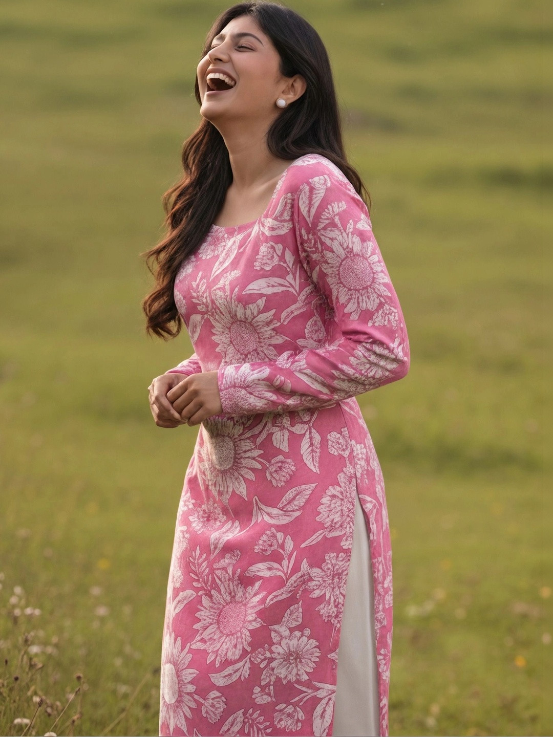 FANESHMA Floral Printed Boat Neck Pure Cotton Kurti