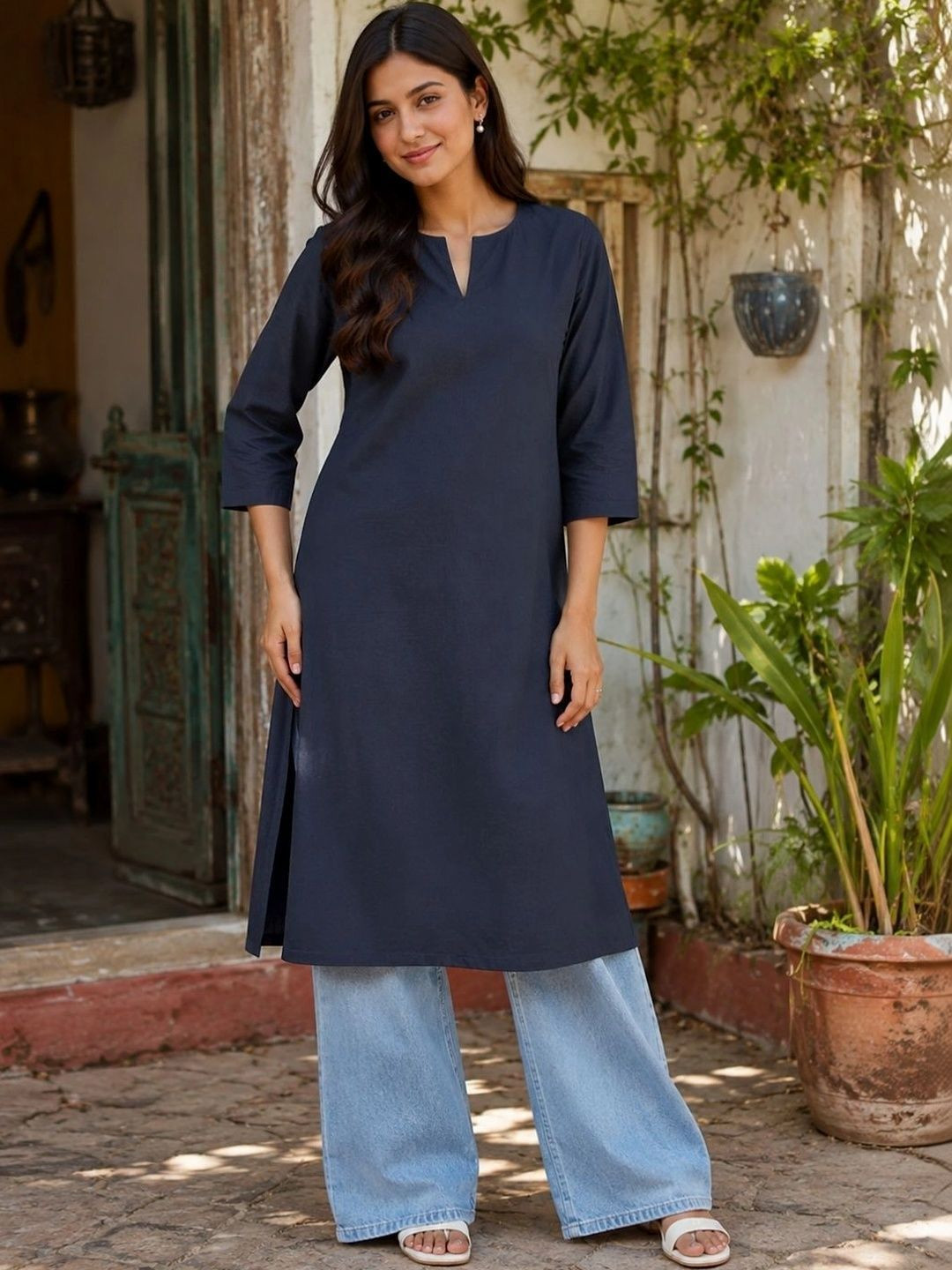 swingal Women Navy Blue Solid Pure Cotton Straight Kurta