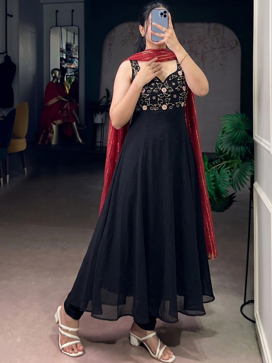 Rajkanika Embroidered Anarkali Kurta With Trousers & Dupatta