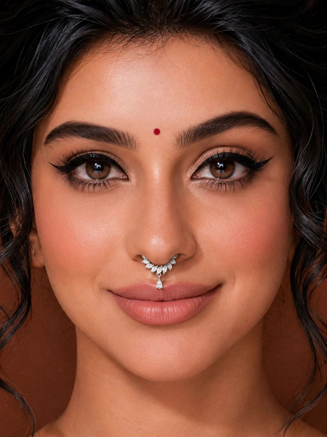 ADIVA Silver-Plated White AD Stone Drop Charm Septum Nose Ring