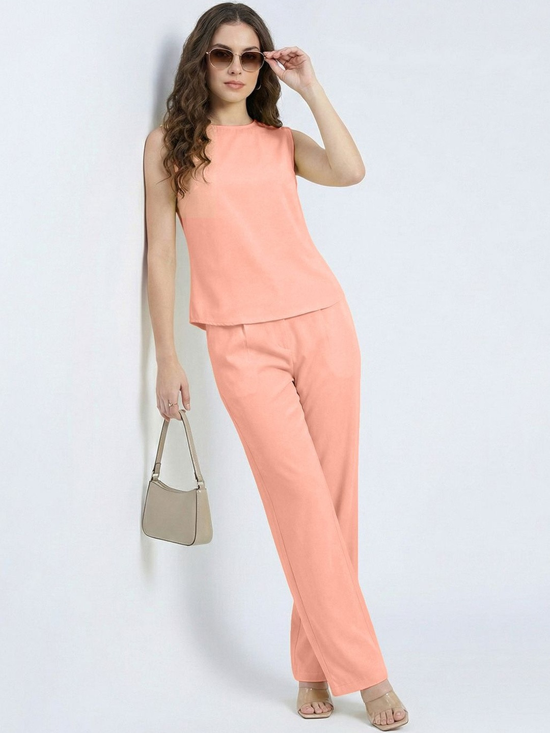 DressBerry Peach Solid Woven Sleeveless Co-ord Set