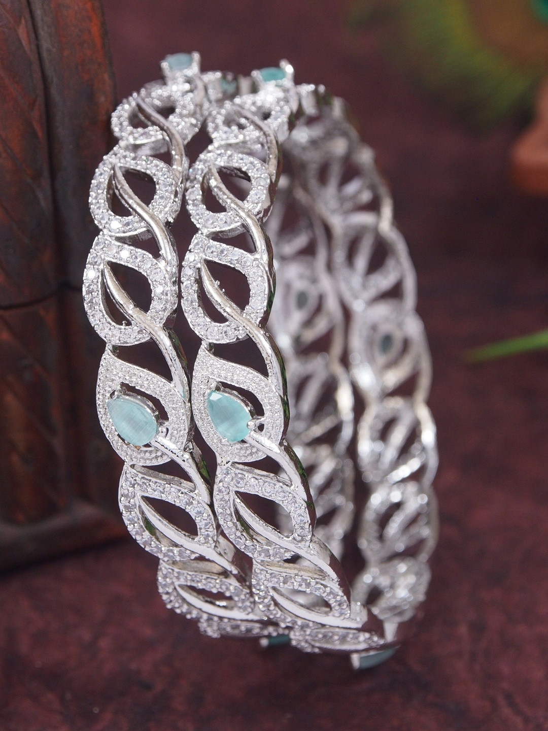SGA FASHION Set Of 2 Rhodium Plated Zircon Studded Bangles