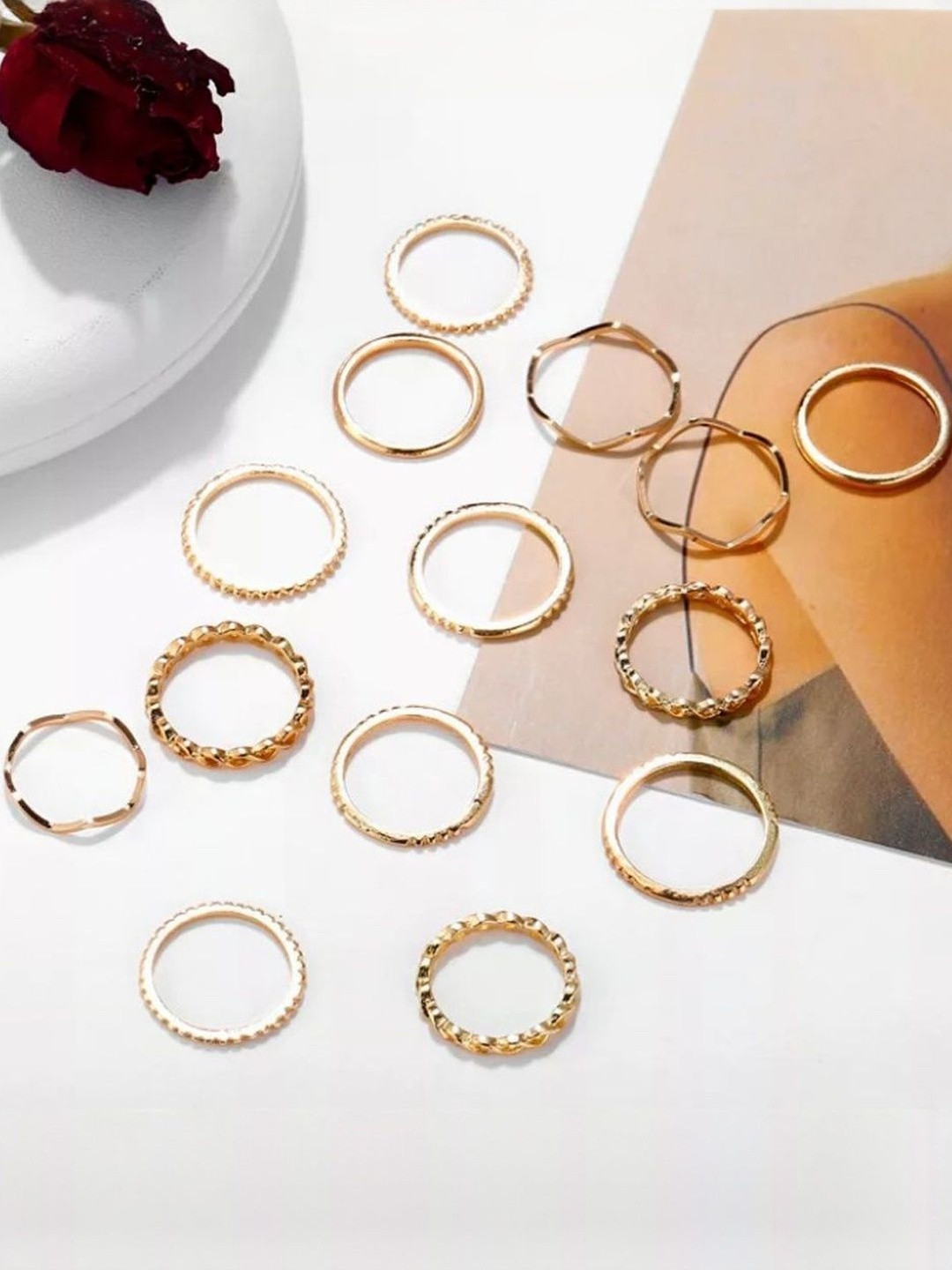 DressBerry Women 14 Pcs Alloy Gold-Plated Multi Designs Ring Set