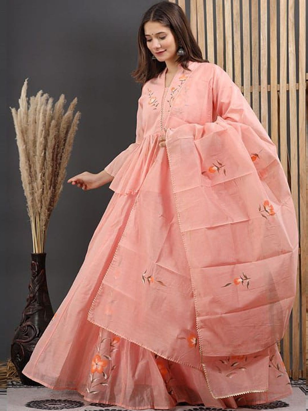 kalakasuti Women Floral Printed Tiered Thread Work Chanderi Cotton Kurta with Skirt & With Dupatta