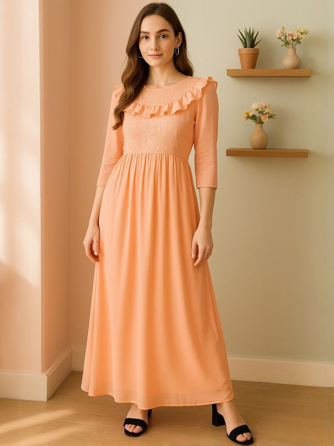 DressBerry Floral Embroidered Lace Yoke Ruffled Georgette Maxi Dress