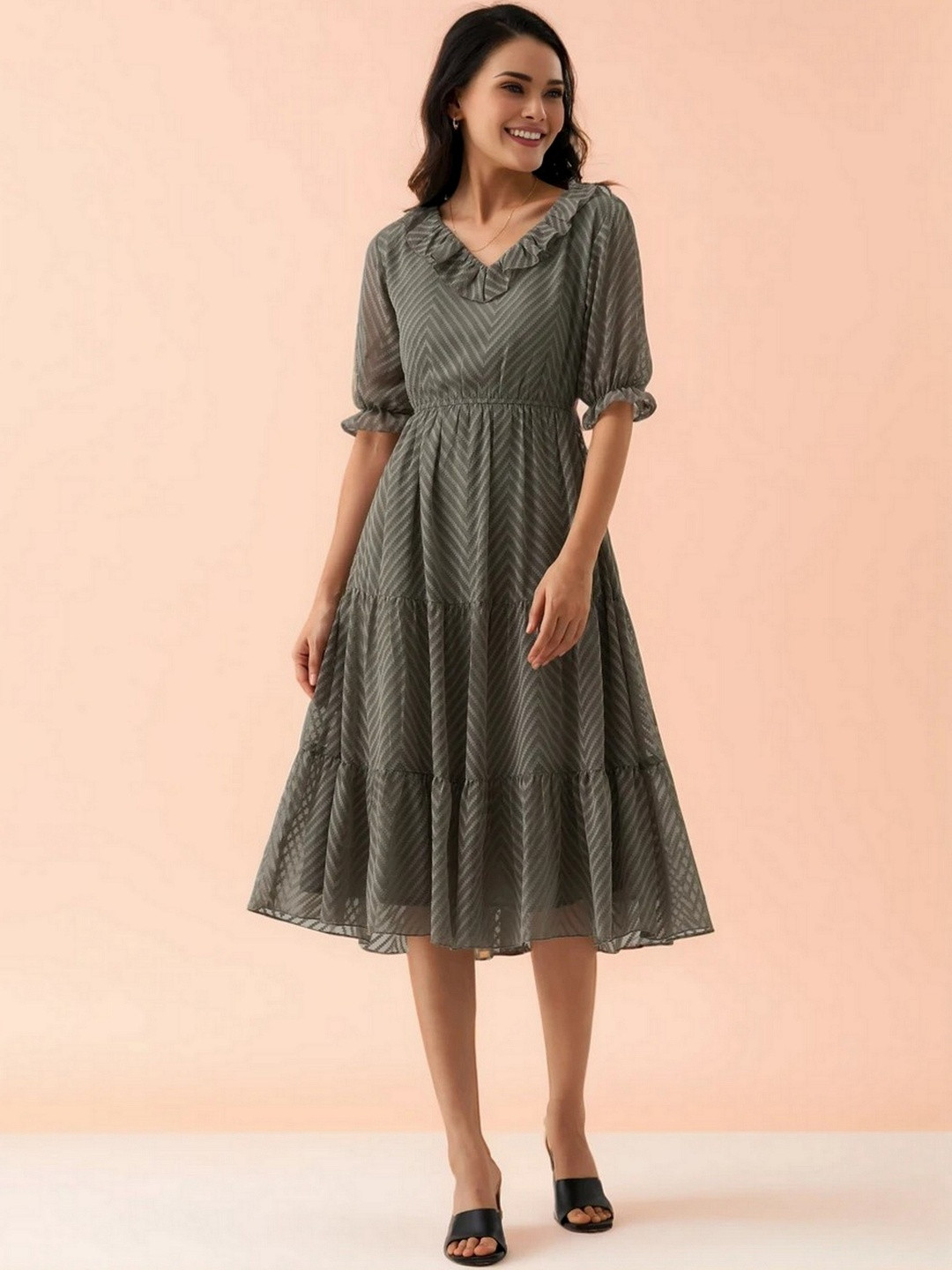 DressBerry Women Striped Ruffled Tiered Fit & Flare Knee Length Dress