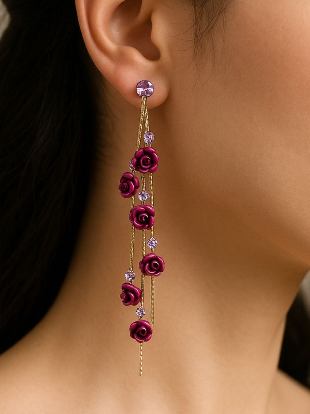 DressBerry Women Gold-Plated Metal Contemporary Rose Dangler Drop Earrings