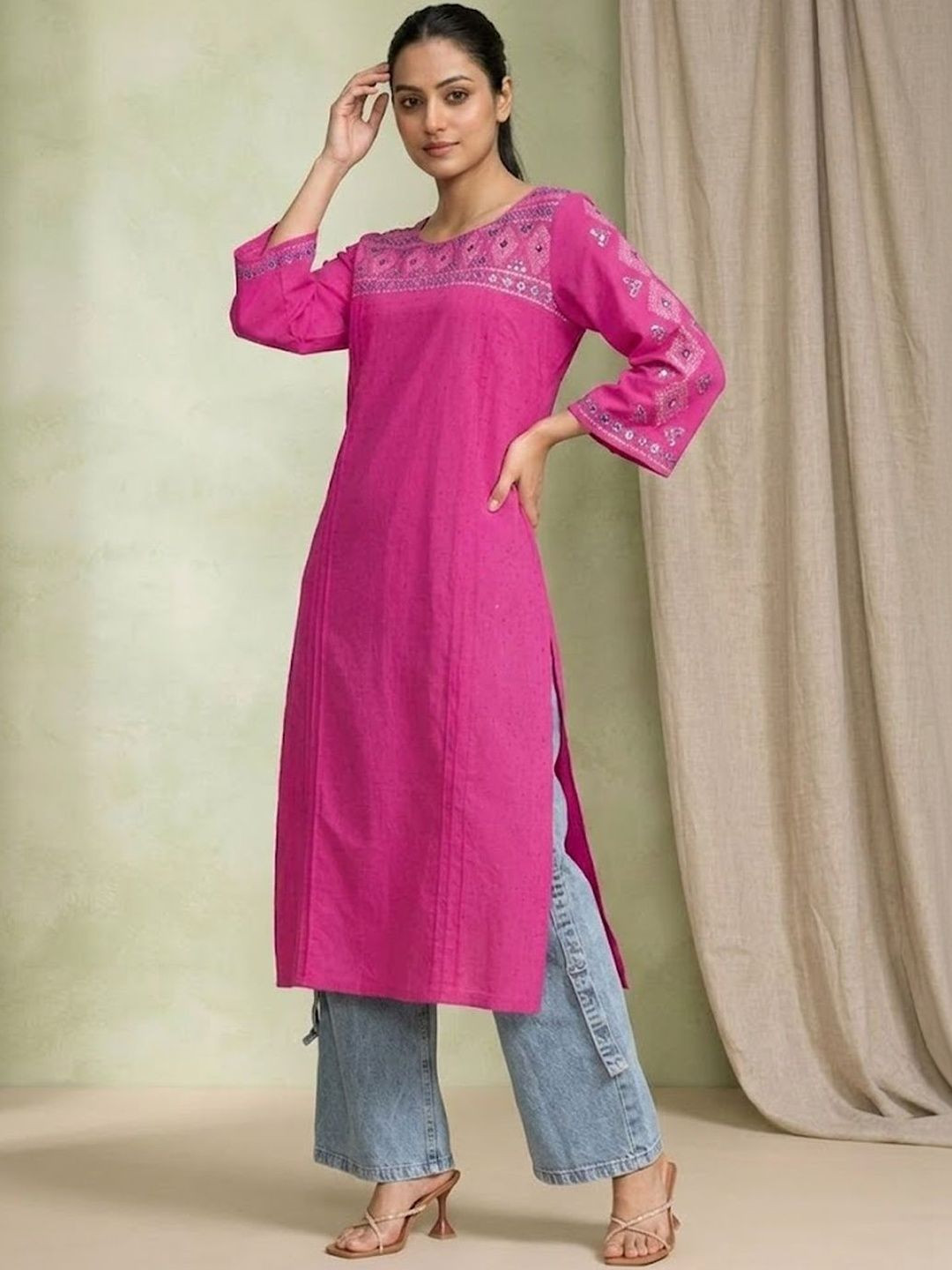 Sangria Embroidered Round Neck Calf Length Straight Kurta