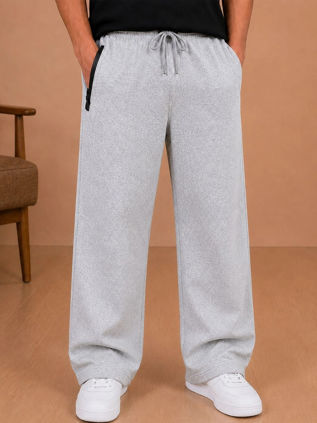 RETWE Men Pure Cotton Zipper Pocket Relaxed Fit Grey Gym Sports Track Pants