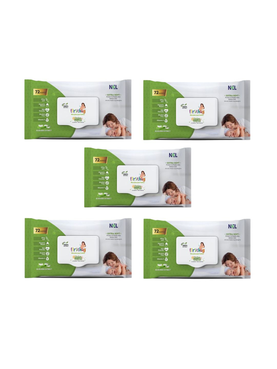 Firsthug Set Of 5 Super Soft Cleansing Baby Wet Wipes With Aloe Vera Extract - 72-Pcs Each
