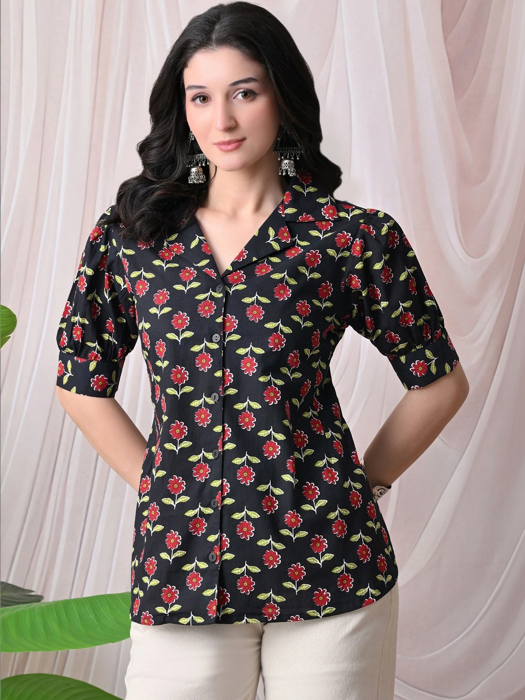 DEEPYOG APPAREL Floral Print Puff Sleeve Cotton Blend Top