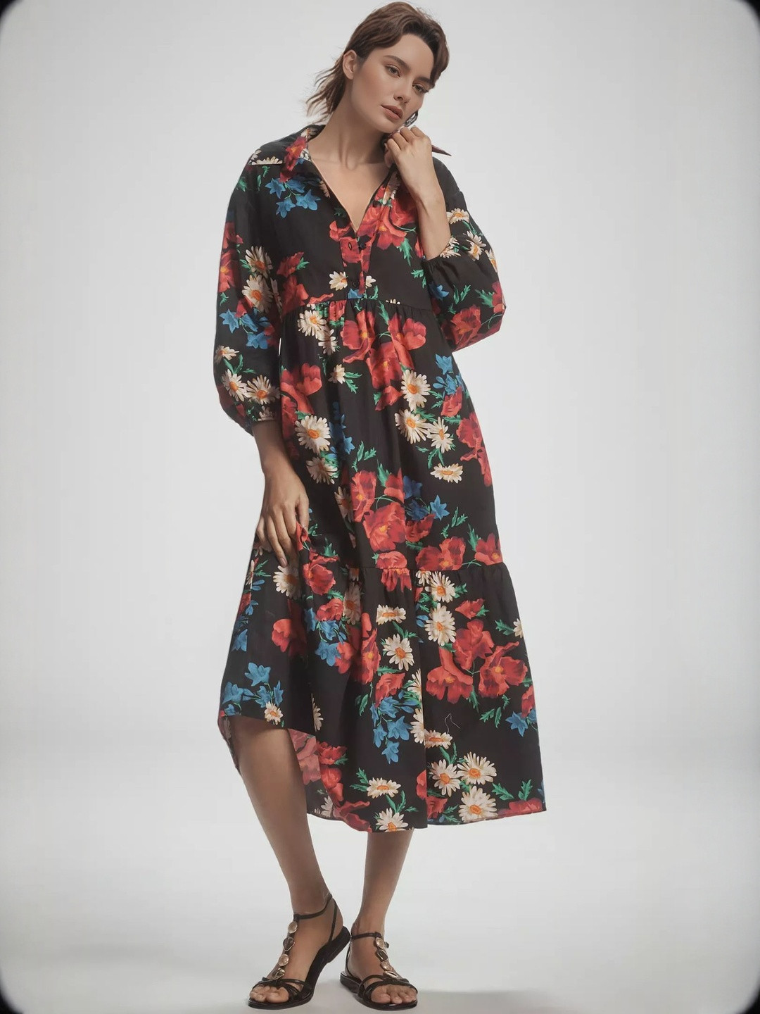 DressBerry Muslin Shirt Collar Printed Midi Dress