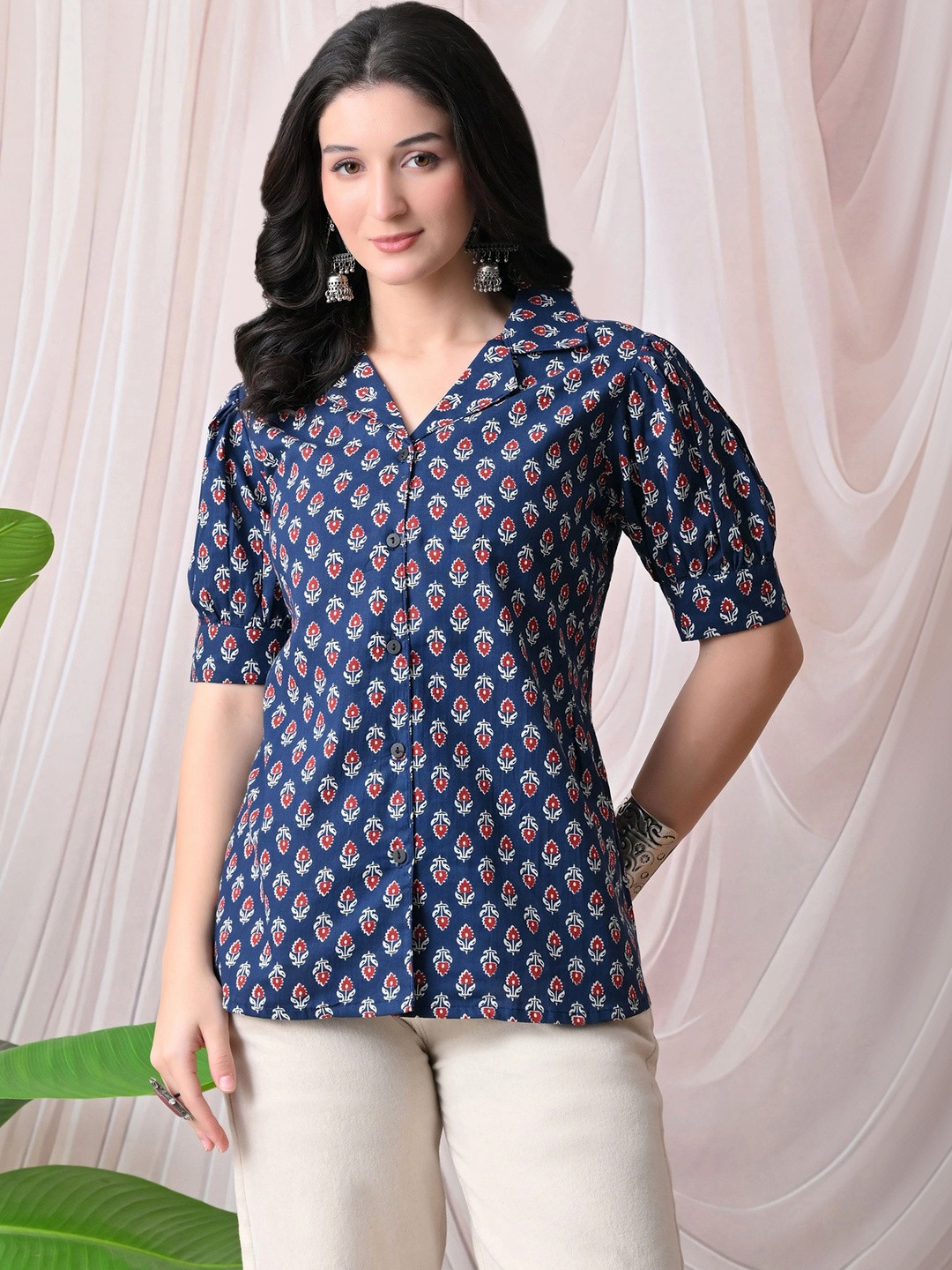 DEEPYOG APPAREL Print Puff Sleeve Ethnic Cotton Blend Top