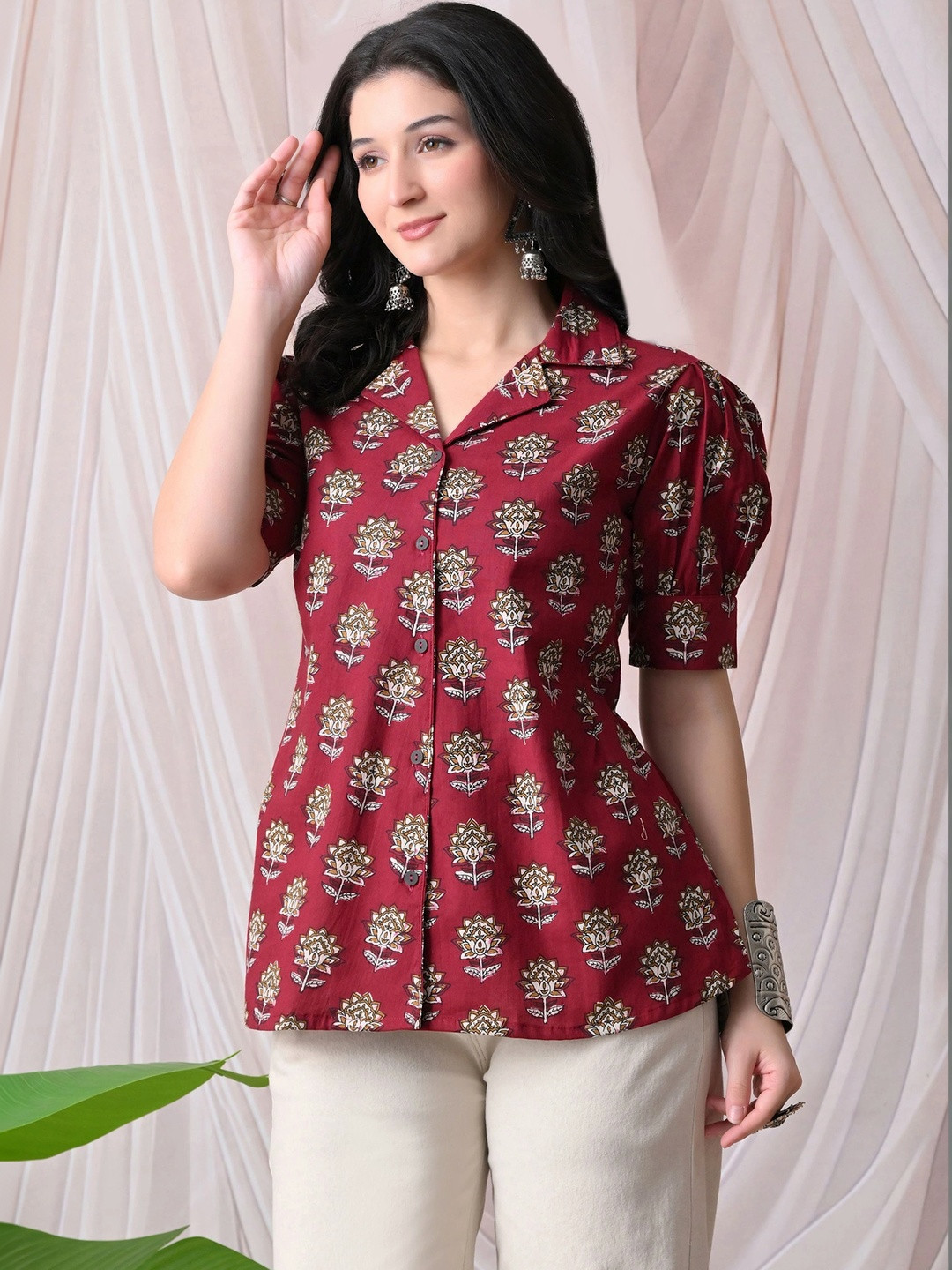 DEEPYOG APPAREL Print Puff Sleeve Ethnic Cotton Blend Top