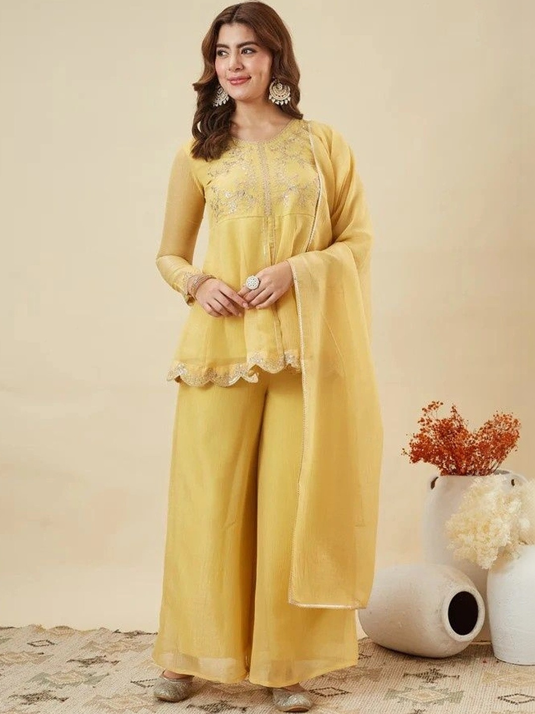 ZARVIKA Women Ethnic Motifs Embroidered Empire Sequinned Kurta with Palazzos & With Dupatta