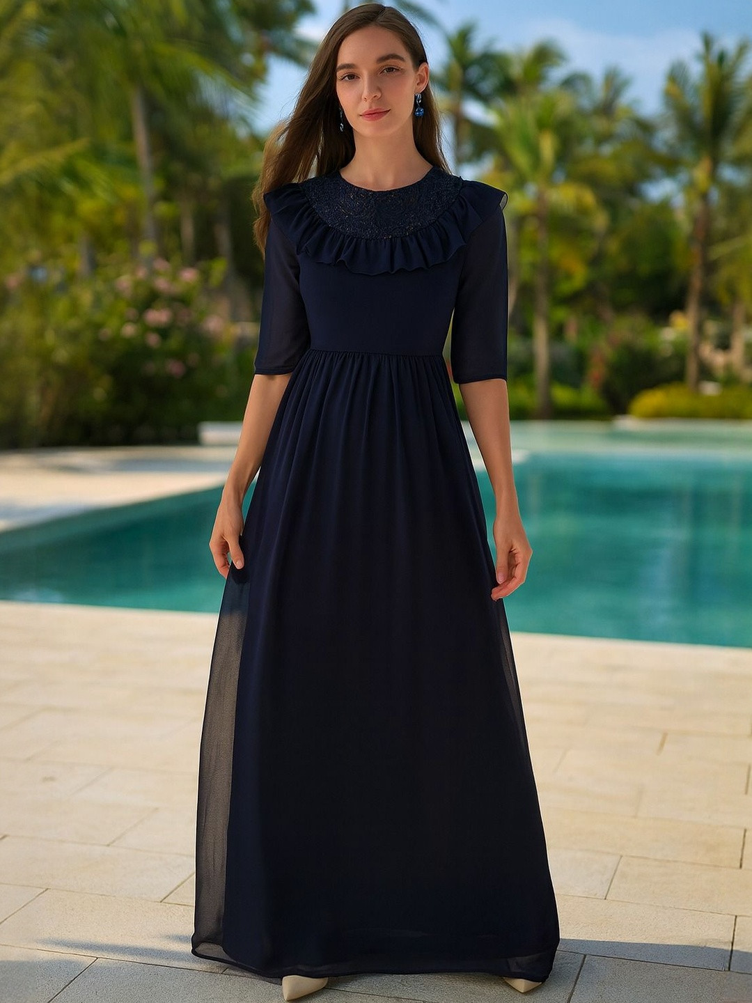 Lace Yoke Ruffled Maxi Dress