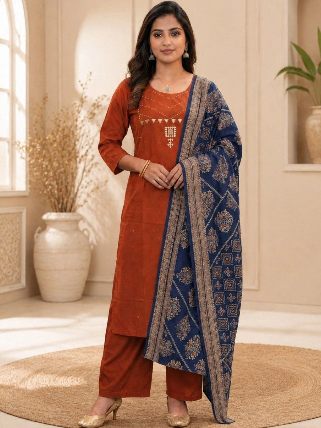 ESHMYRA Women Ethnic Motifs Embroidered Regular Thread Work Pure Cotton Kurta with Palazzos & With Dupatta