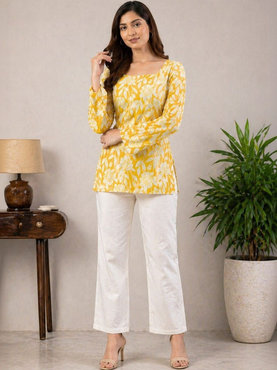 Roopmytra Floral Printed Square Neck Flared Sleeves Kurti