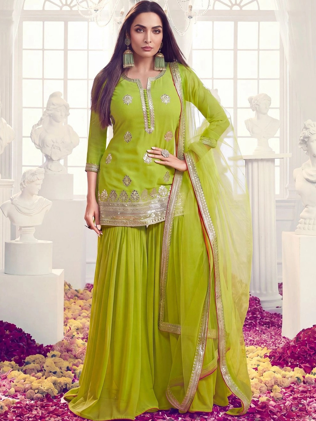 Inddus Floral Embroidered Notch Neck Georgette Straight Kurta With Sharara & Dupatta