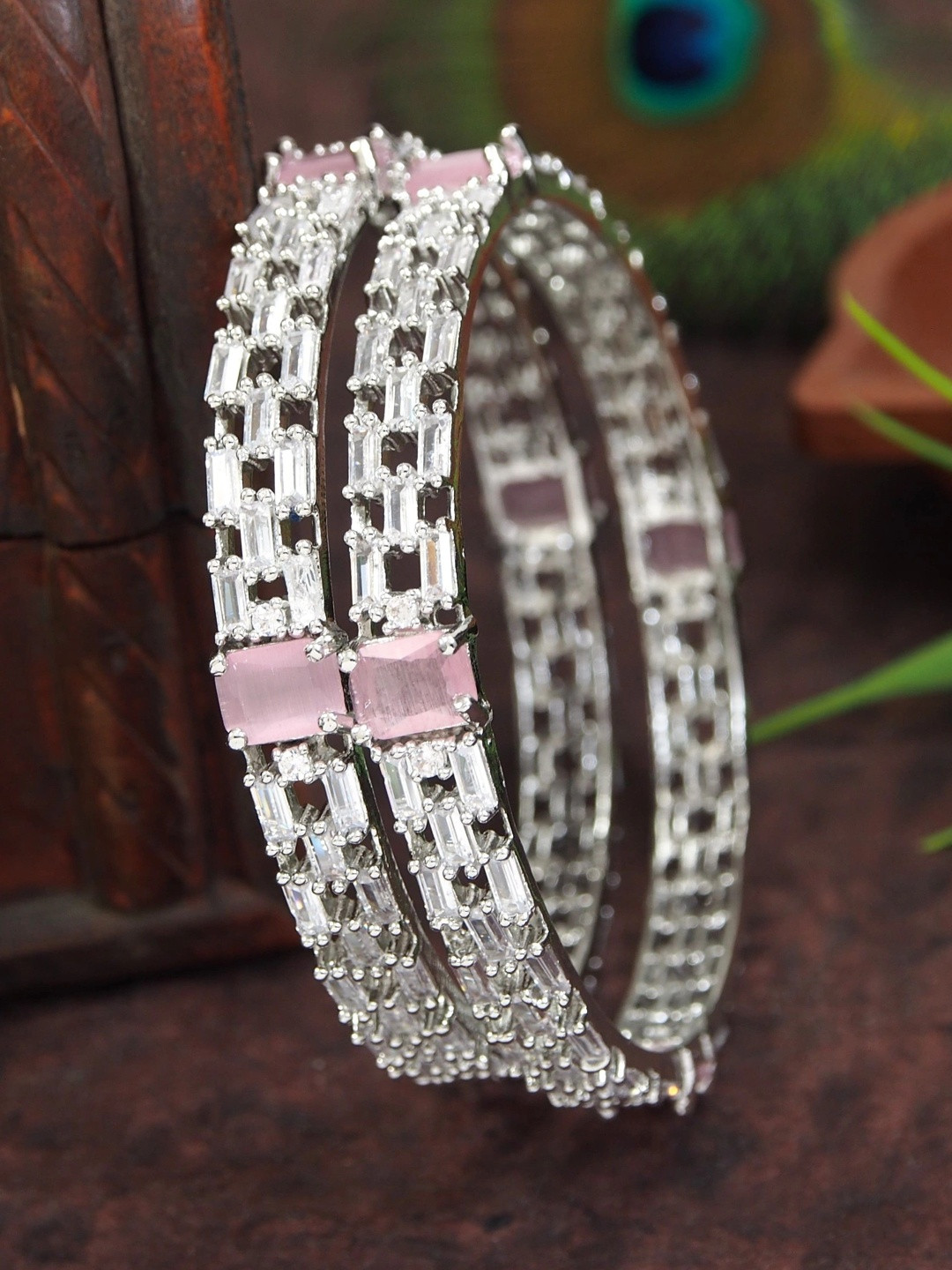 SGA FASHION Set Of 2 Silver-Plated American Diamond Studded Bangles