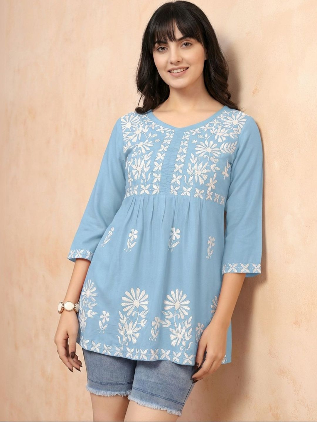Sangria Floral Embroidered V-Neck Chikankari Kurti