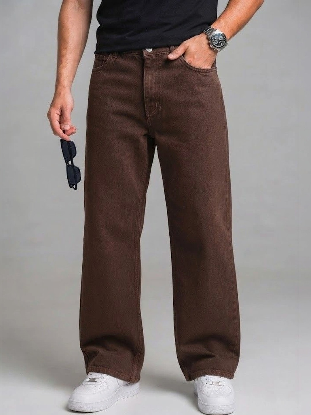 WOOMNY Men Wide Leg Mid-Rise Jeans