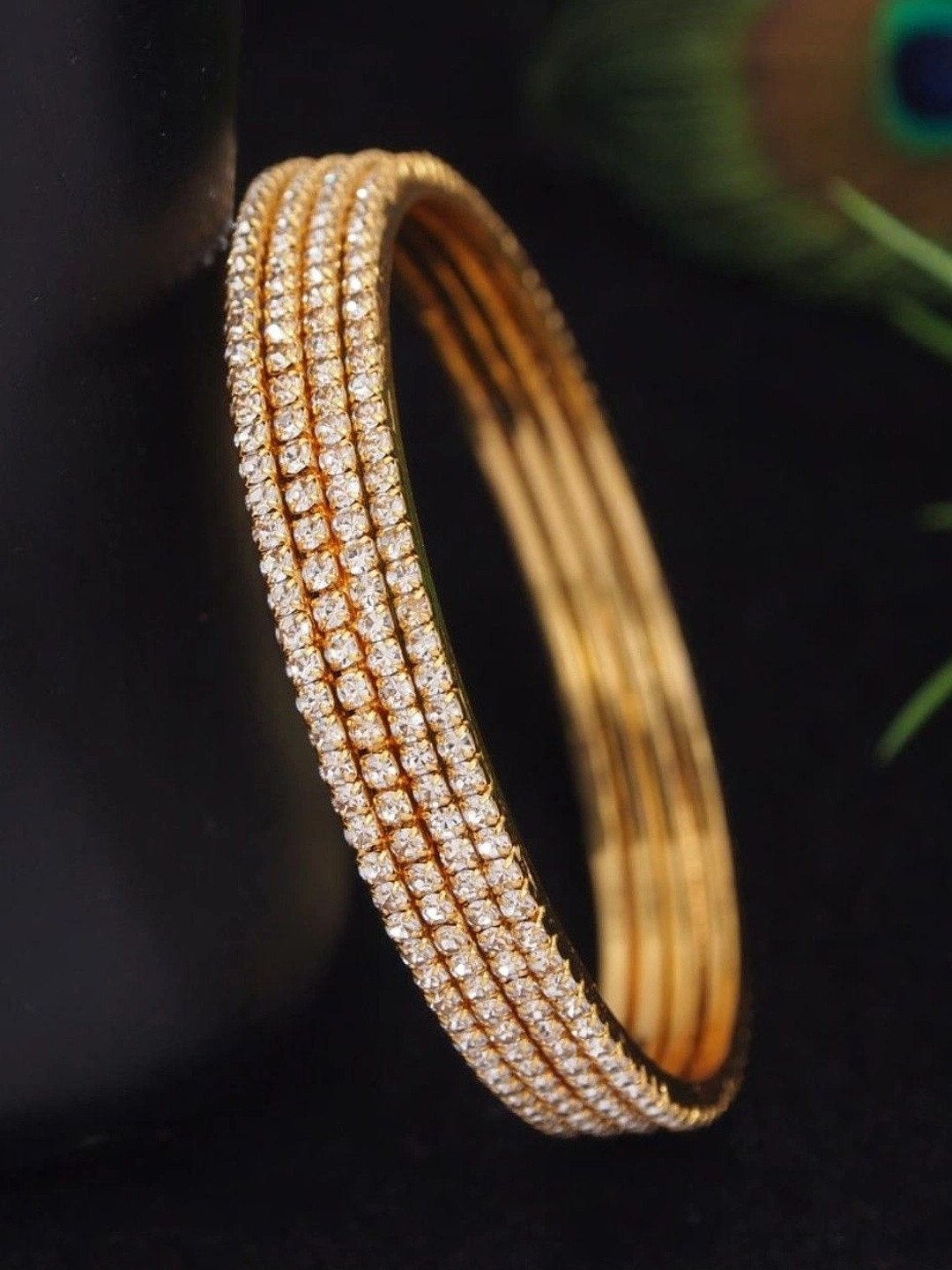 SGA FASHION Set Of 4 Gold-Plated American Diamond Stones Studded Bangles