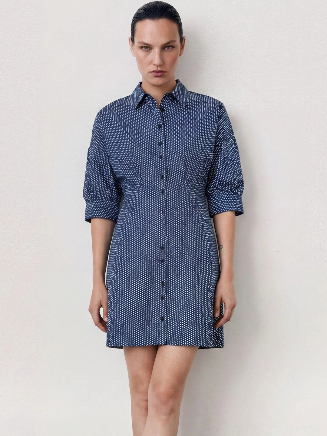 RAREISM Women Blue Regular Fit Cuffed Sleeve Drop Collar Dress