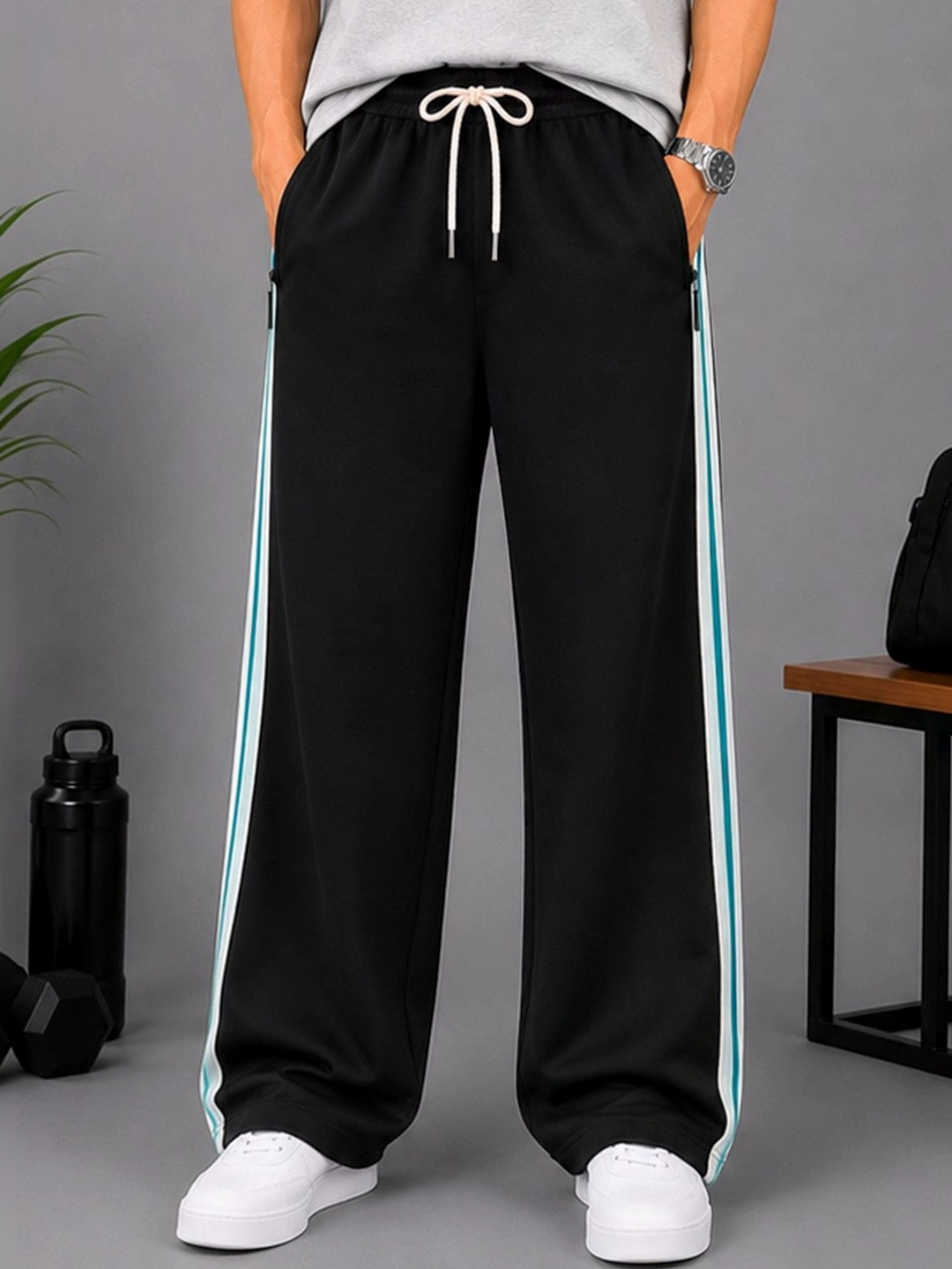 RETWE Men Striped Pure Cotton Zipper Pocket Loose Fit Black Gym Sports Track Pants