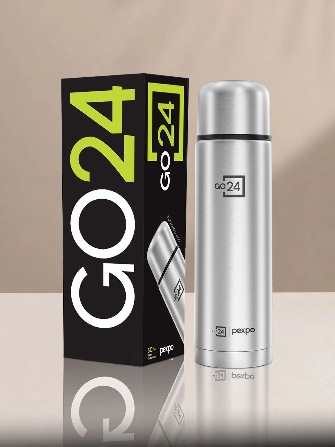 Go24 Flamingo Silver Stainless Steel Double Wall Vacuum Flask - 1L