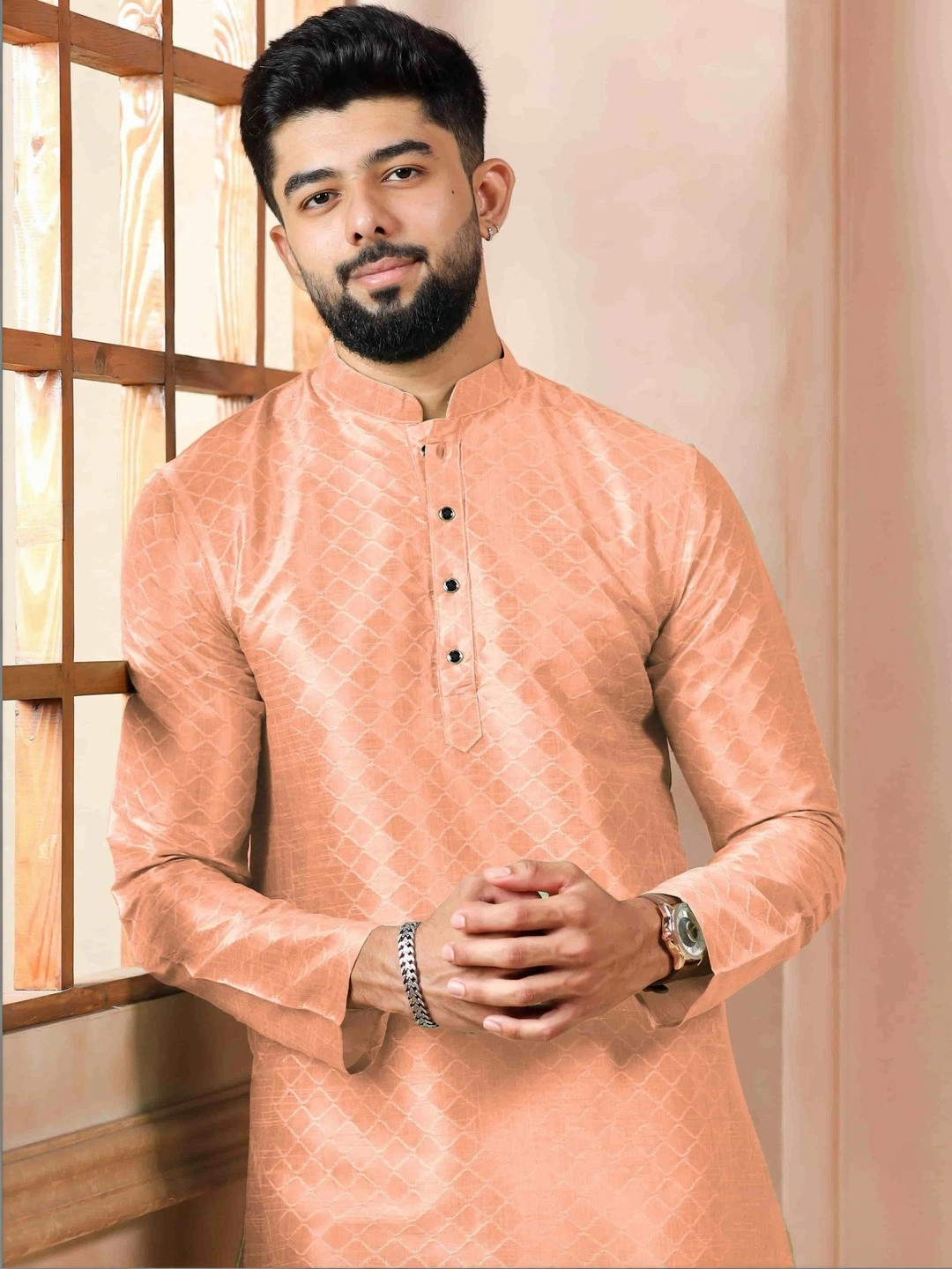 Koshin Thread Work Woven Design Jacquard Mandarin Collar Straight Silk Kurta