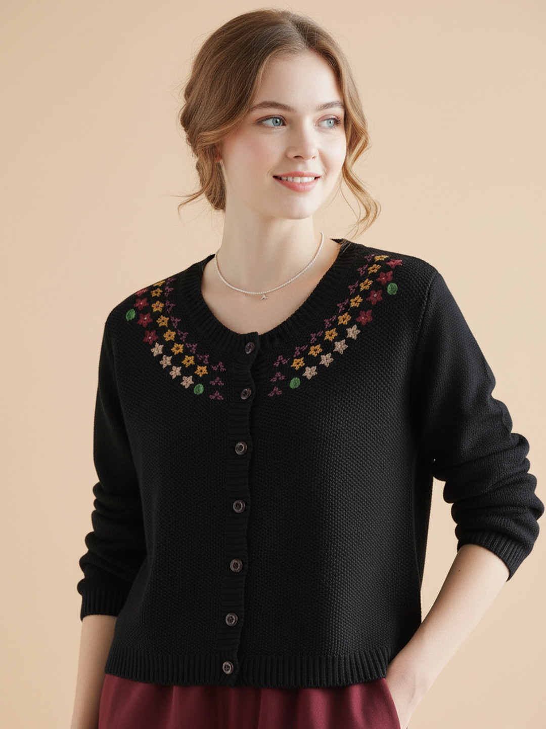 DressBerry Floral Embroidered V-Neck Full Sleeve Acrylic Front-Open Sweater