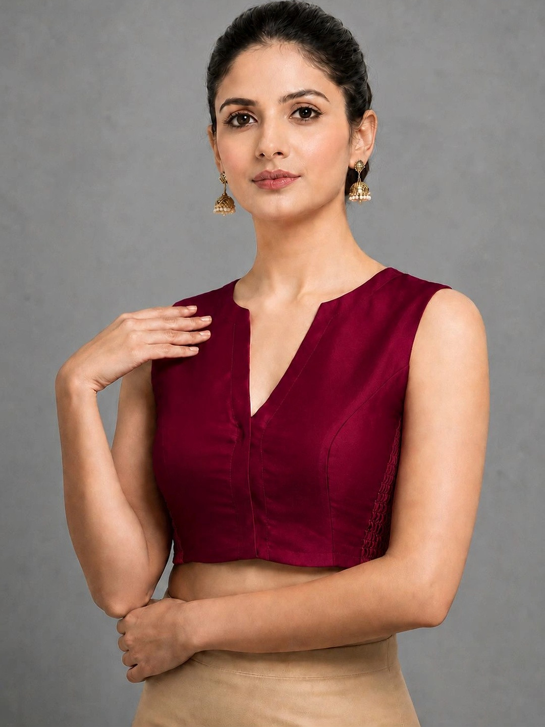 HERE&NOW V-Neck Sleeveless Silk Ready to Wear Saree Blouse