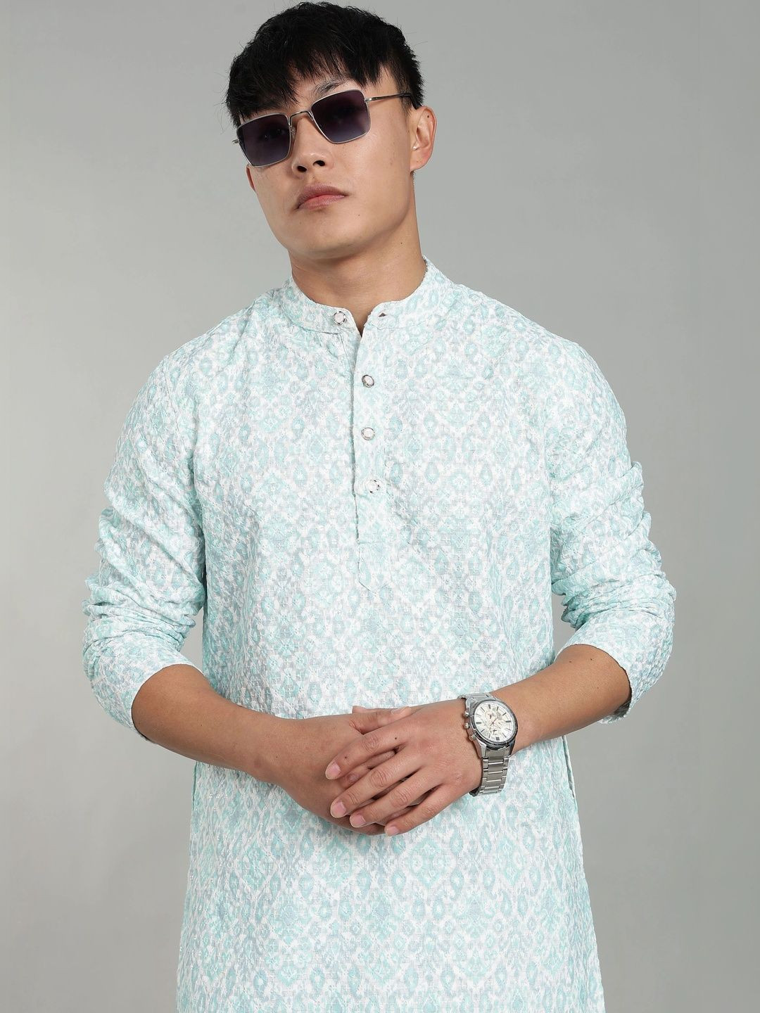 FABRIPPLE Men Printed Chikankari Mandarin Collar Kurta